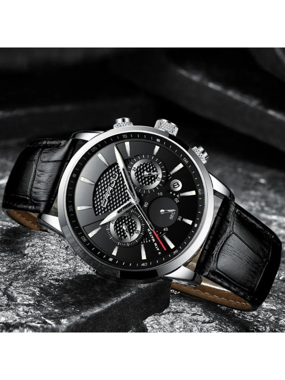 Men's Silver Black Chronograph Leather Strap Quartz Waterproof Wrist Watch